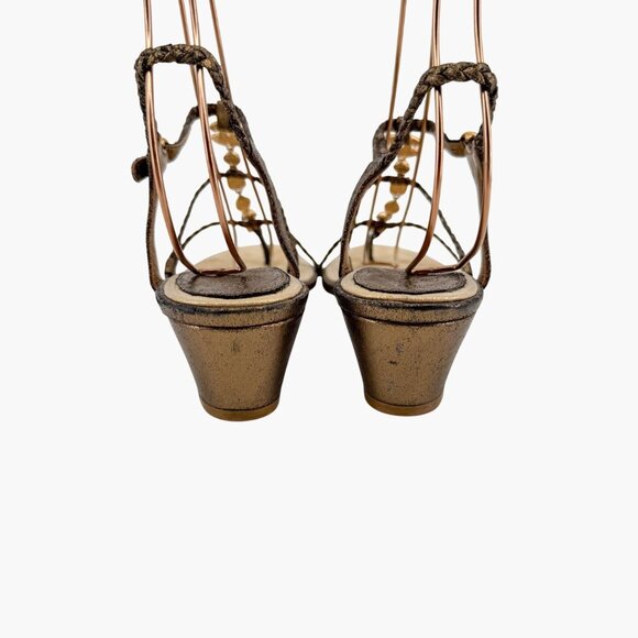 Chanel CC Gem Chain T-Strap Gold Quilted Leather Wedge Sandals Size 40 US 9-9.5 - Picture 5 of 14